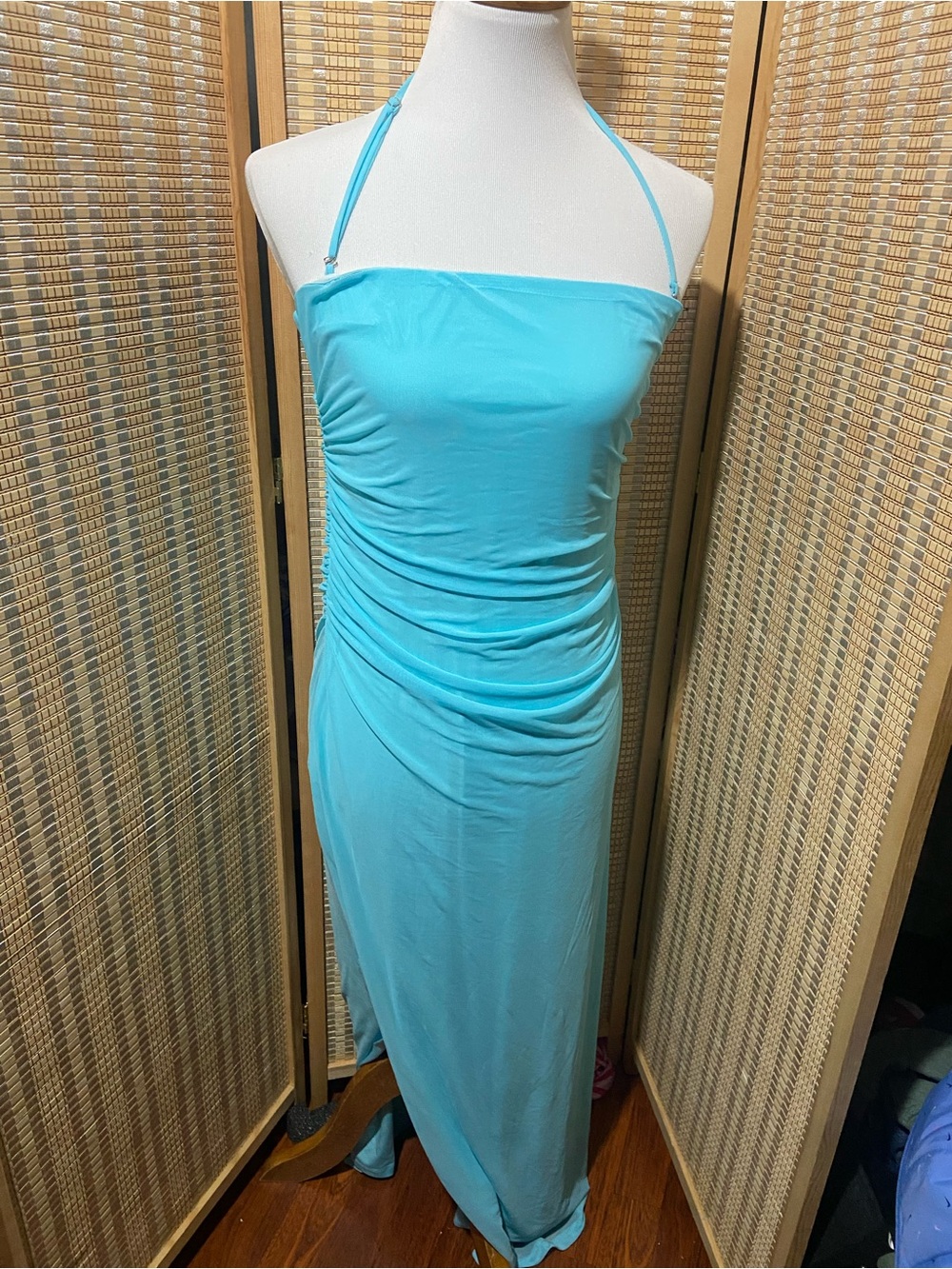 Hello molly Aiko light Blue Halter mesh Ruched Maxi Dress